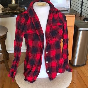 Checked red and navy blue long sleeve shirt